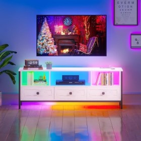 Figbird Meuble TV LED 24 Couleurs à Intensité Variable, Table TV pour Un Téléviseur de 70 Pouces, Meuble Bois et Metal avec S