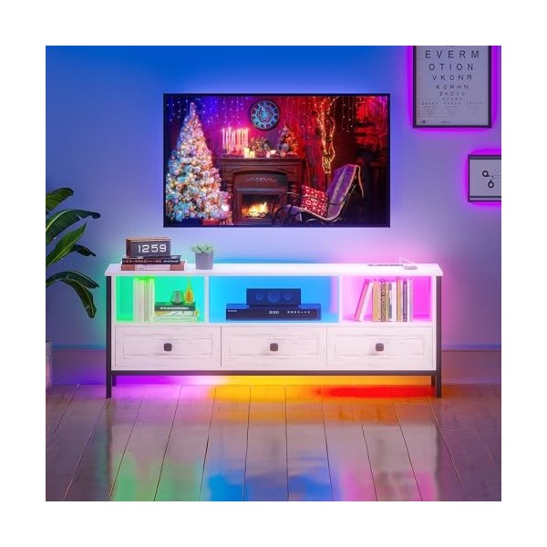 Figbird Meuble TV LED 24 Couleurs à Intensité Variable, Table TV pour Un Téléviseur de 70 Pouces, Meuble Bois et Metal avec S