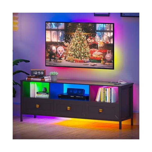 Figbird Meuble TV LED 24 Couleurs à Intensité Variable, Table TV pour Un Téléviseur de 70 Pouces, Meuble Bois et Metal avec S