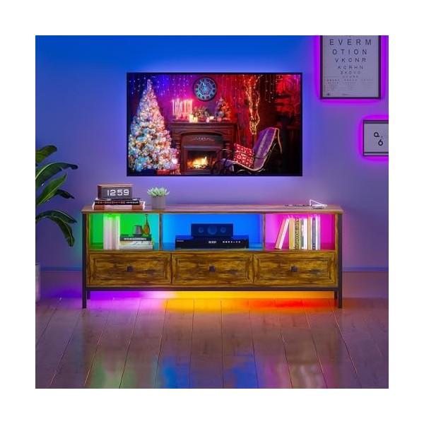 Figbird Meuble TV LED 24 Couleurs à Intensité Variable, Table TV pour Un Téléviseur de 70 Pouces, Meuble Bois et Metal avec S