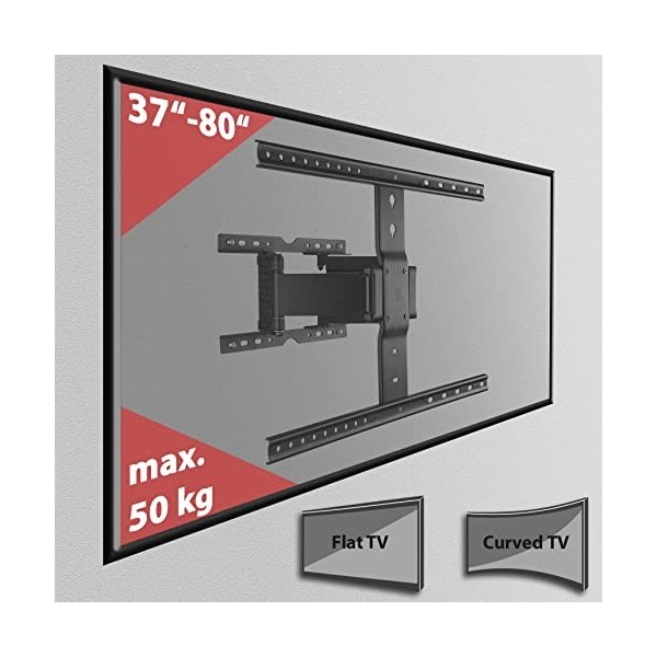 Poppstar Support TV Mural Pivotant 37-80 Pouces Super Fort pour Écrans Plats et Courbés Jusqu’à 50 kg VESA 200x200 à Max. 60