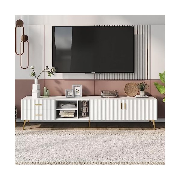 Dolamaní Meuble TV à écran plat pour TV de 75", console multimédia moderne pour centre de divertissement moderne, grand espac