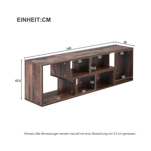 WMDMJT Meuble TV en Bois avec 2 unités irrégulières, 6 Compartiments de Rangement Ouverts 16 LED de Couleur, Longueur 140 cm,