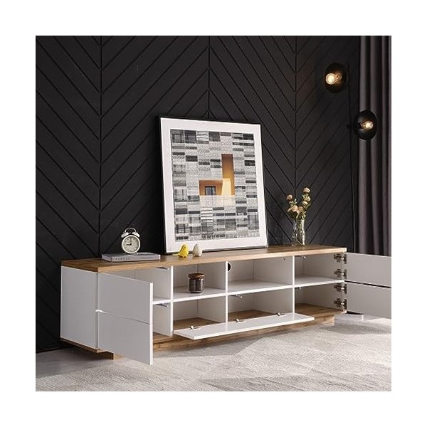 Meuble TV Moderne Blocage des Couleurs Surface Brillante Meuble TV Grain De Bois Panneaux TV Meuble TV Meuble TV Buffet pour 