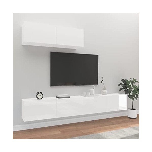 Camerina Ensemble de Meubles TV 3 pcs Blanc Brillant Bois dingénierie,Table Television Salon,Meuble Télé Haut,Meuble TV Haut