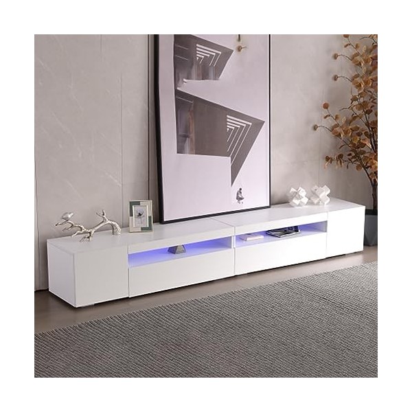 Meuble TV Blanc avec Éclairage LED Variable Buffet Moderne avec Panneau Lumineux 4 Portes Et Étagères en Verre Ouvertes Meubl