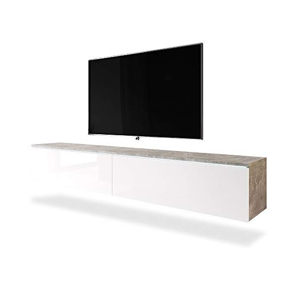 Selsey Kane - Meuble TV à Suspendre/Banc TV béton/Blanc Brillant, 180 cm, avec LED 