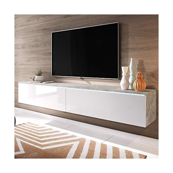 Selsey Kane - Meuble TV à Suspendre/Banc TV béton/Blanc Brillant, 180 cm, avec LED 