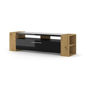 BIM Furniture Livia Meuble TV Lowboard 160 cm Commode Table TV Buffet Hi-Fi Étagères brillantes chêne artisan / noir brillan