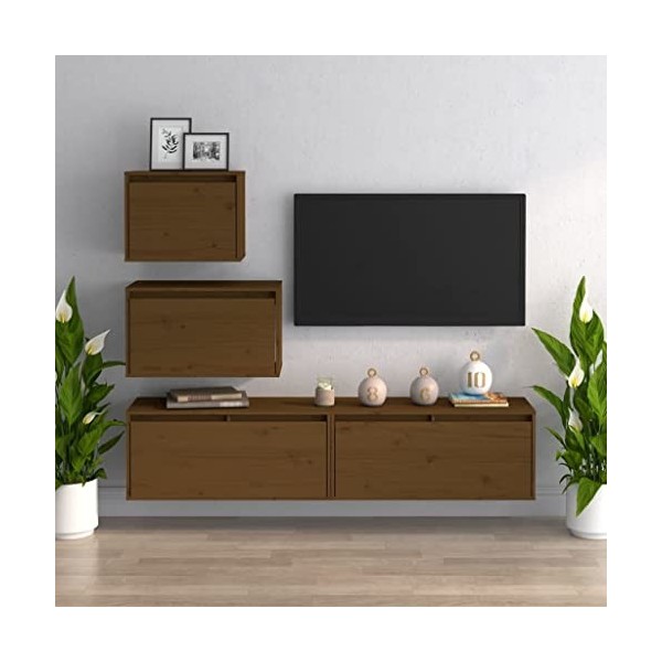 Meubles TV 4 pcs Marron Miel Bois Massif de pin - Meuble télé, Meuble TV Industriel, Meuble Chambre, Convient pour Salon ou C