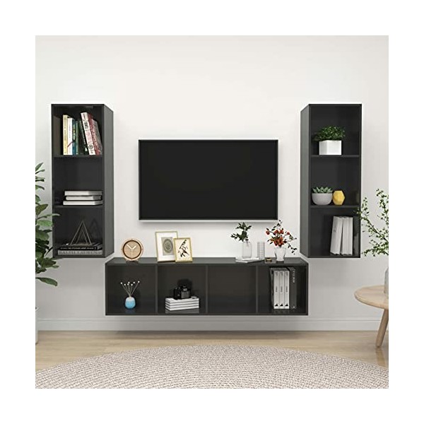 Gecheer Ensemble de Meuble TV Lot de 3 Gris Brillant Aggloméré Banc TV, Support de Télévision pour Salon, Chambre Meubles
