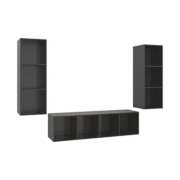 Gecheer Ensemble de Meuble TV Lot de 3 Gris Brillant Aggloméré Banc TV, Support de Télévision pour Salon, Chambre Meubles