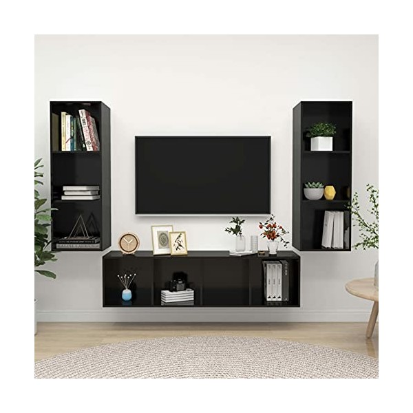 Gecheer Ensemble de Meuble TV 3 pcs Noir Brillant Aggloméré Banc TV, Support de Télévision pour Salon, Chambre Meubles