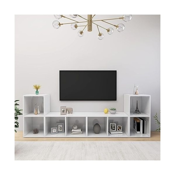 Gecheer Meubles TV 4 pcs Blanc Brillant 72x35x36,5 cm Aggloméré Banc TV, Support de Télévision pour Salon, Chambre Meubles
