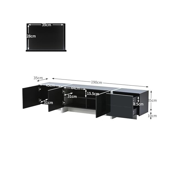 HAINEW Meuble TV moderne brillant avec 3 portes et 2 tiroirs - Pieds bloqués de couleur - Pour salon, chambre à coucher - 190