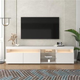 Meuble TV de style moderne - 180 x 35 x 45 cm L x l x H - Avec éclairage LED et étagères en verre - Grand espace de rangeme