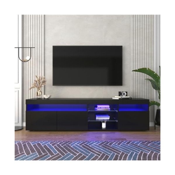 Meuble TV de style moderne - 180 x 35 x 45 cm L x l x H - Avec éclairage LED et étagères en verre - Grand espace de rangeme