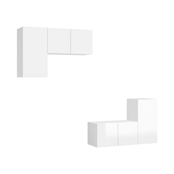 JUNZAI Ensemble de Meubles TV 4 pcs Blanc Brillant Aggloméré,Meuble TV,Table Basse Salon Meuble TV,Table Basse LED Couleurs