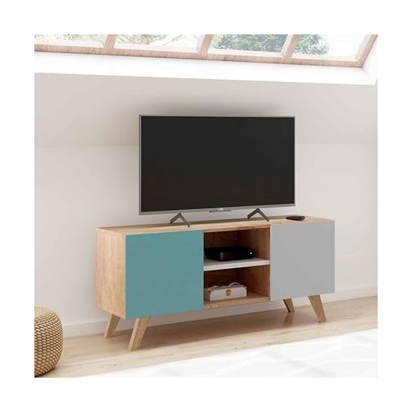 IDMarket - Meuble TV scandinave Alice Bleu, Gris et Blanc 113 cm