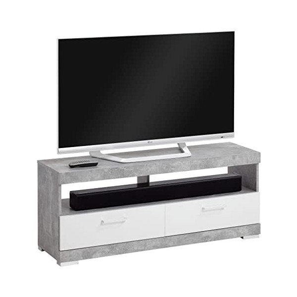 Meuble TV Cristal 120cm - béton/Blanc Brillant