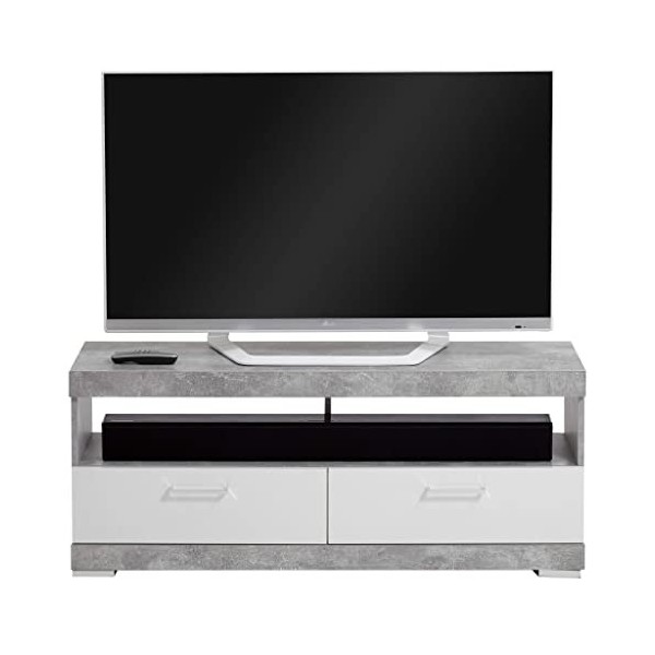 Meuble TV Cristal 120cm - béton/Blanc Brillant
