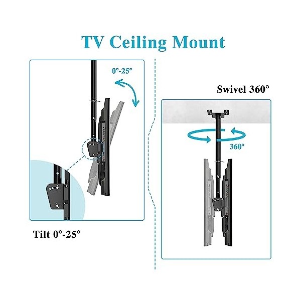 Support TV Plafond Support TV Plafond réglable en Hauteur, pivotant et inclinable pour TV 40-65 Pouces Plate et incurvée jusq