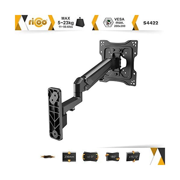 RICOO Support Mural pour Moniteur S4422 orientable inclinable écran PC 23-43" 58-109cm Bras articulé TV LCD LED VESA 75 x 7