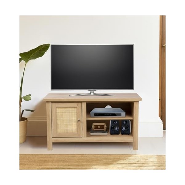 Hallowood Furniture Newquay Petit meuble TV effet chêne avec façade en rotin – Meuble TV effet chêne pour salon et chambre à 