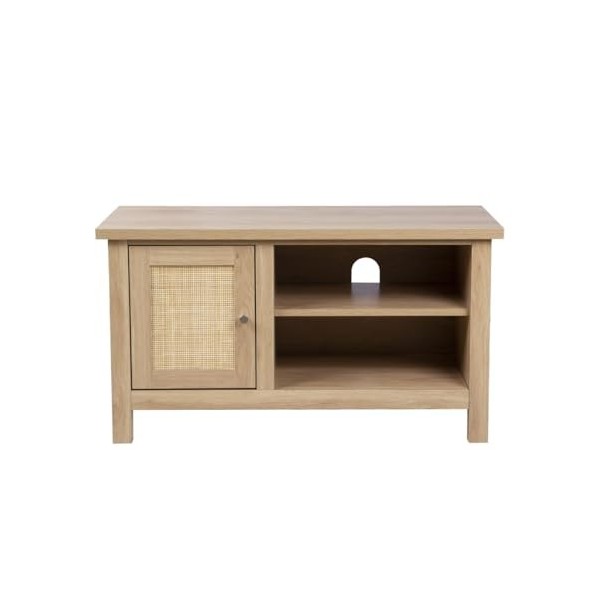 Hallowood Furniture Newquay Petit meuble TV effet chêne avec façade en rotin – Meuble TV effet chêne pour salon et chambre à 