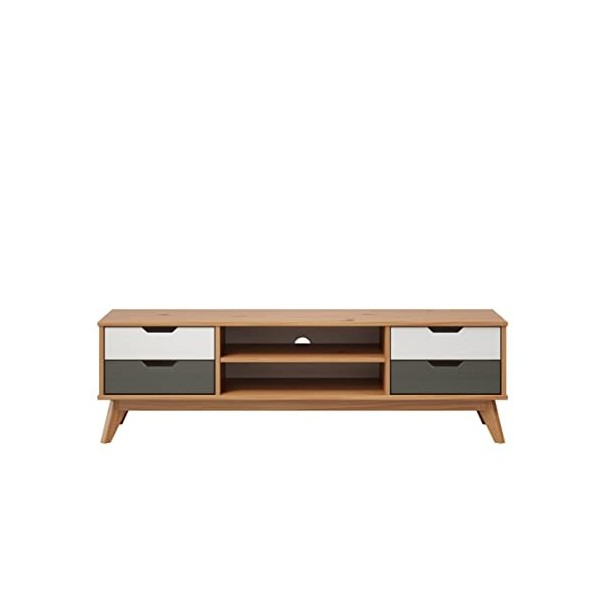 Inter-Furn Meuble TV Bas, Bois, Pin Massif-Miel/Gris/Blanc, 140 x 42 x 40 cm
