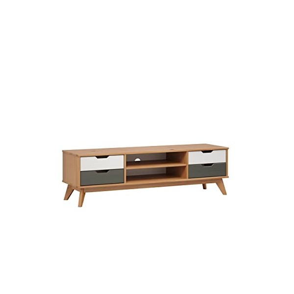 Inter-Furn Meuble TV Bas, Bois, Pin Massif-Miel/Gris/Blanc, 140 x 42 x 40 cm