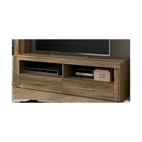 PEGANE Meuble TV 2 tiroirs Coloris chêne Vieilli - Longueur 135 x Profondeur 41,40 x Hauteur 45 cm