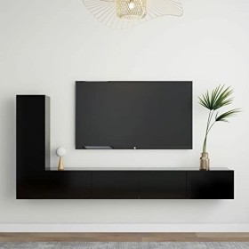 Gecheer Ensemble de Meuble TV 3 pcs Noir Aggloméré Banc TV, Support de Télévision pour Salon, Chambre Meubles