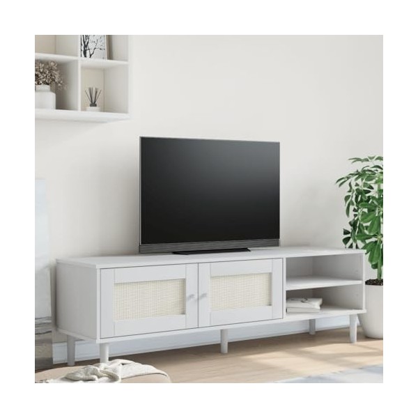 Gecheer Meuble TV SENJA Aspect rotin Blanc 158x40x49cm Bois Massif pin Banc TV, Support de Télévision pour Salon, Chambre Meu