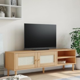 Gecheer Meuble TV SENJA Aspect rotin Marron 158x40x49cm Bois Massif pin Banc TV, Support de Télévision pour Salon, Chambre Me