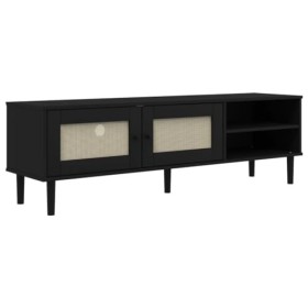 Gecheer Meuble TV SENJA Aspect rotin Noir 158x40x49cm Bois Massif pin Banc TV, Support de Télévision pour Salon, Chambre Meub