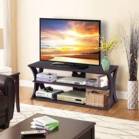 KOMFOTTEU Meuble TV à 2 étages avec trou pour câble - Meuble TV en métal et MDF - 115 x 40 x 45 cm - Pour salon, chambre à co