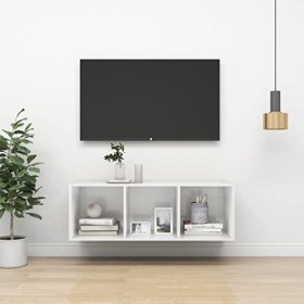 Meuble TV Murale | Style Contemporain | Rangement matériel télé Audio Video Gaming | 37x37x107cm Blanc Brillant