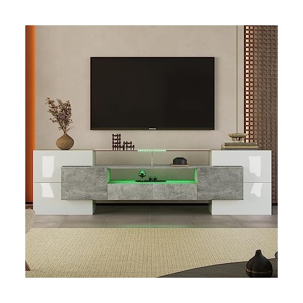 KecDuey Meuble TV de 200 cm - Élégant - Avec éclairage LED - Design moderne - Surface en verre élégante - Gris - 200 cm