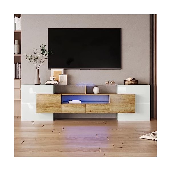 KecDuey Meuble TV de 200 cm - Élégant - Avec éclairage LED - Design moderne - Surface en verre élégante - Gris - 200 cm