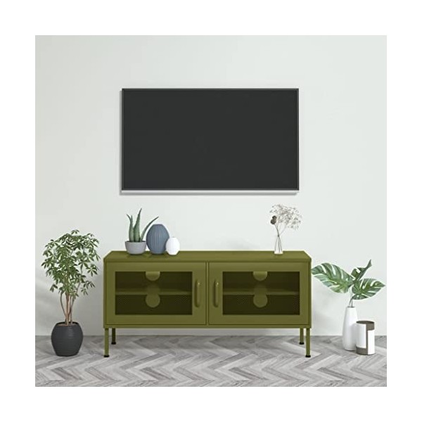 Meuble TV avec 2 Portes | Style Contemporain | Rangement matériel télé Audio Video Gaming | 105x35x50cm Vert Olive