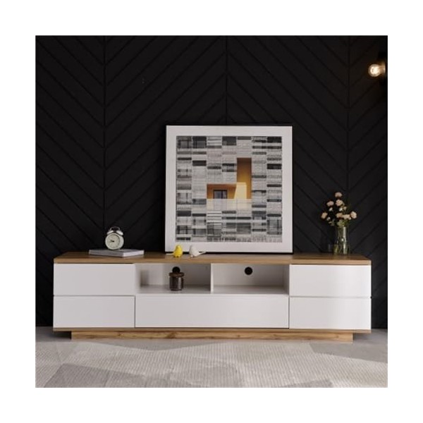 Meuble TV en grain de bois avec huit étagères de style moderne - Épissage blanc - 180 x 38 x 46 cm l x H x P - Convient pou