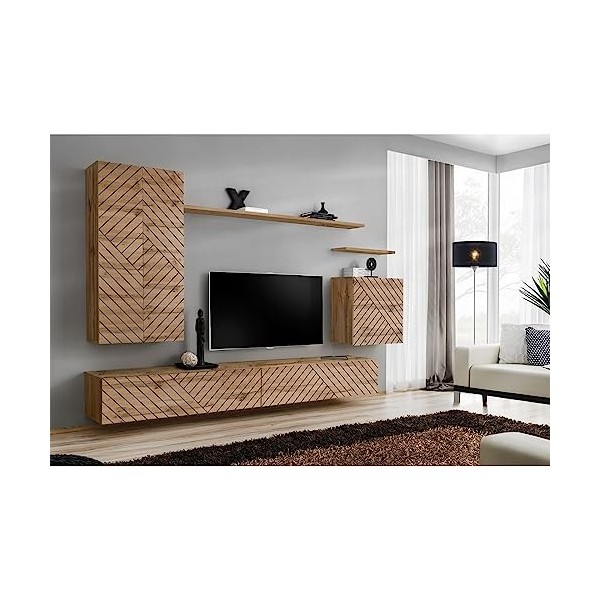 PRICE FACTORY just for you Meuble TV Suspendu 120cm Effet chêne façade fraisée. Collection Switch.