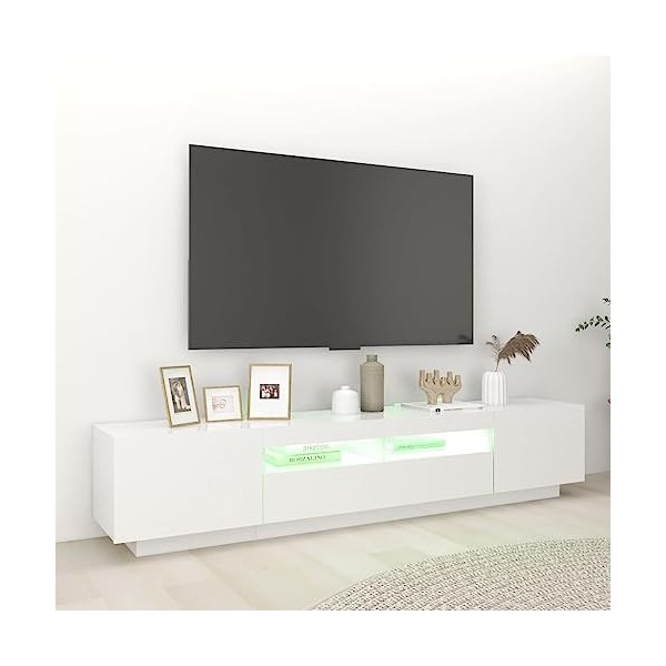 Hovothy Meuble TV avec Lumières LED RVB Blanc 200x35x40 cm Aggloméré Décoration Salon Armoire Multimédia Rangement Ample Rang