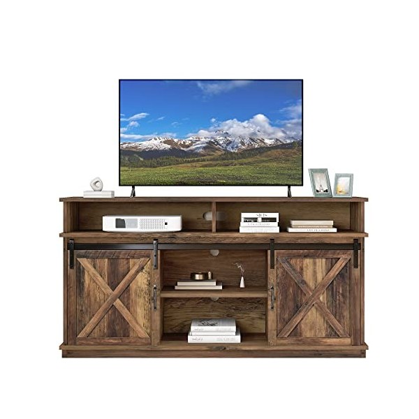 Meuble TV avec 2 portes coulissantes classiques, buffet de rangement, design ferme, avec étagères réglables, pour salon, sall