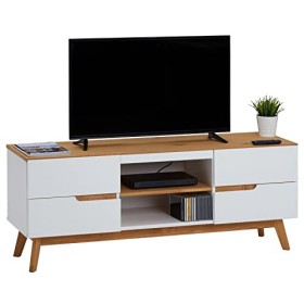 IDIMEX Meuble TV Tibor Banc télé de 149 cm au Style scandinave Design Vintage Nordique avec 4 tiroirs et 2 niches, en pin Mas