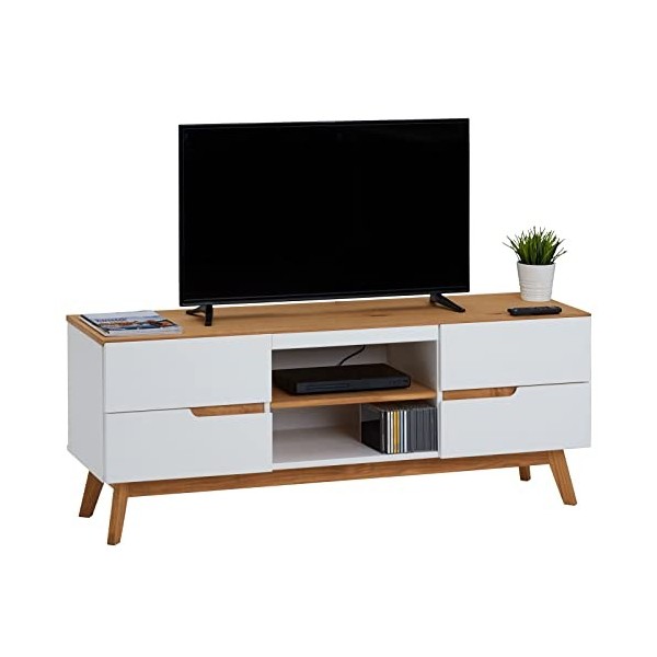 IDIMEX Meuble TV Tibor Banc télé de 149 cm au Style scandinave Design Vintage Nordique avec 4 tiroirs et 2 niches, en pin Mas