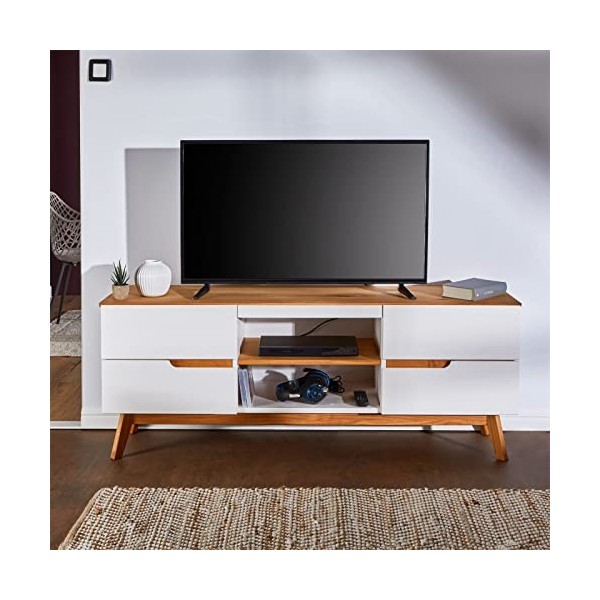 IDIMEX Meuble TV Tibor Banc télé de 149 cm au Style scandinave Design Vintage Nordique avec 4 tiroirs et 2 niches, en pin Mas