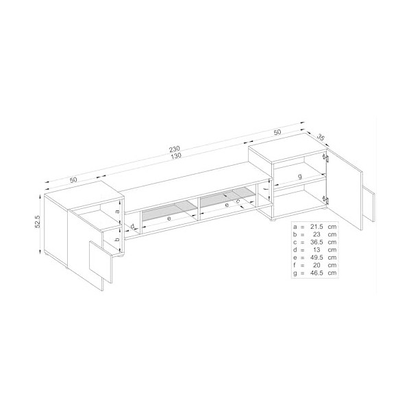 Komodee, Meuble Banc TV Merano, Noir/Blanc, Largeur 230 cm x Hauteur 52,5 cm x Profondeur 35 cm, LED Bleues, pour Salon, Cham