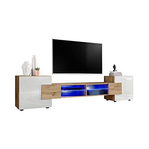 ExtremeFurniture Meuble TV Bridge | Meuble TV avec 2 étagères en Verre | LED | Moderne | Élégant | Pratique | Solide